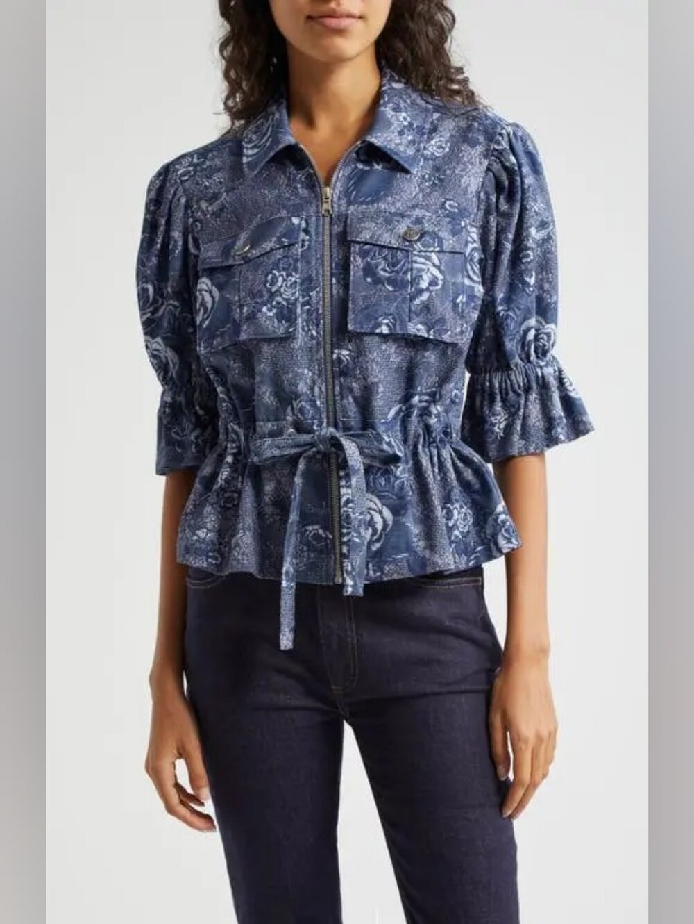 NWOT Cinq A Sept Adie Womens Blue Floral Zip-Front Short Puff Sleeve Jacket S